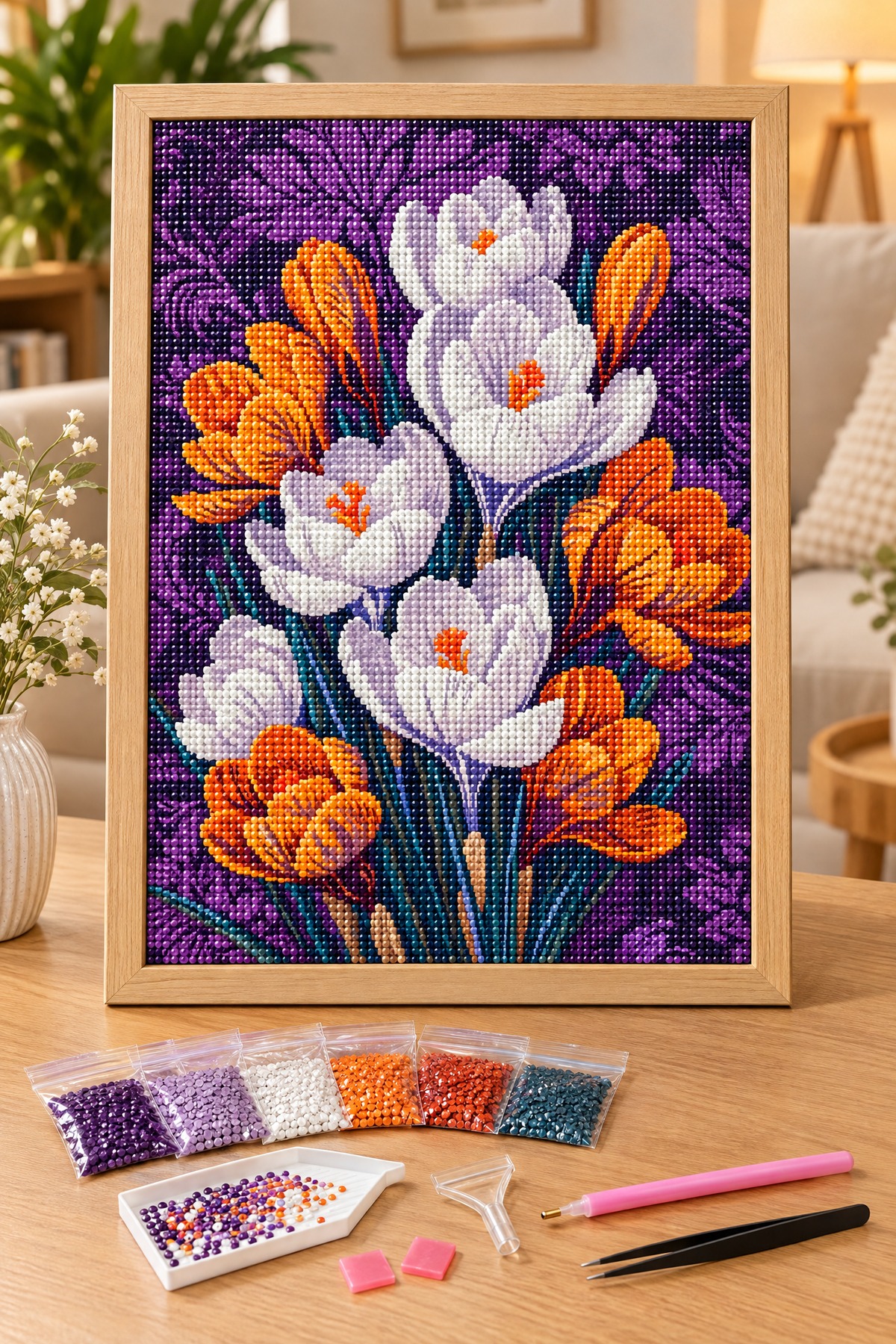 Elmas Boyama Puzzle Kit, Mor Zeminde Beyaz ve Turuncu Çiğdemler 30x40 cm Mozaik
