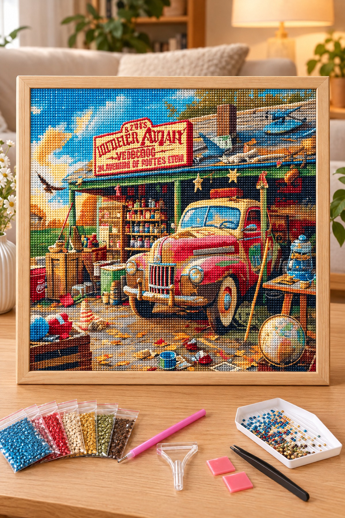 Elmas Boyama Puzzle Kit, Nostaljik Garaj ve Klasik Kamyonet 30x40 cm Mozaik