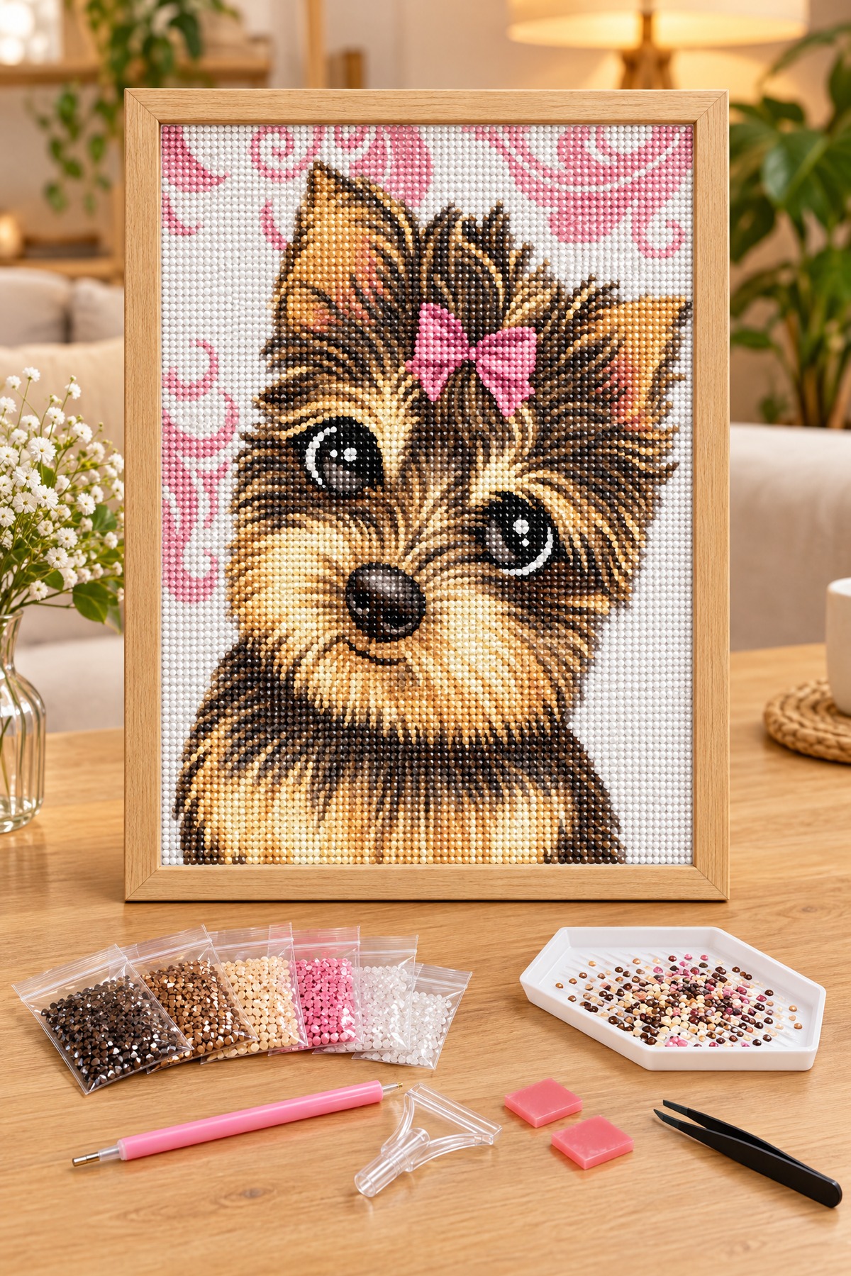 Elmas Boyama Puzzle Kit, Pembe Fiyonklu Yorkie Köpek 21x25 cm Mozaik