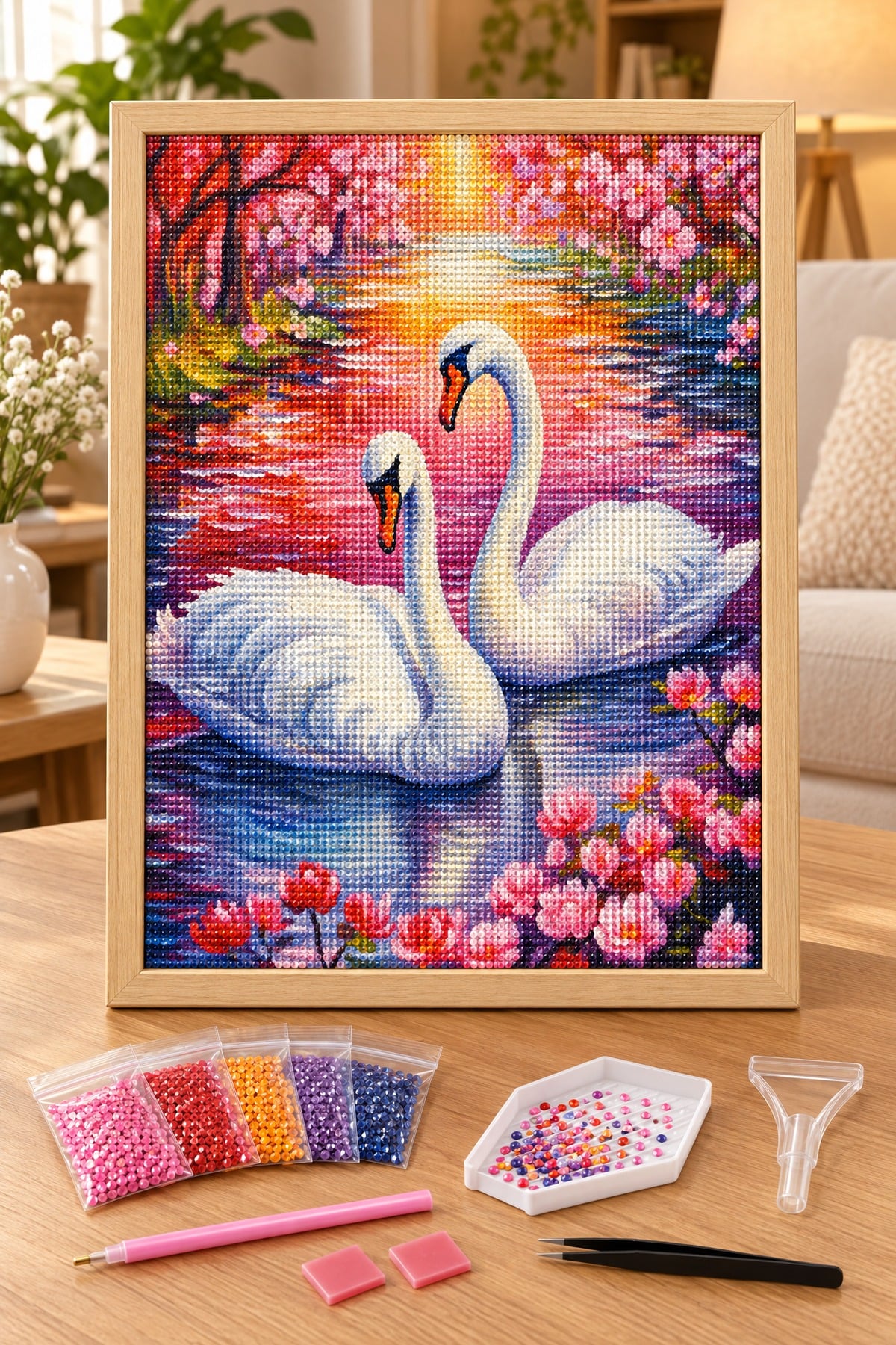Elmas Boyama Puzzle Kit, Pembe Göldeki Kuğular 30x40 cm Mozaik