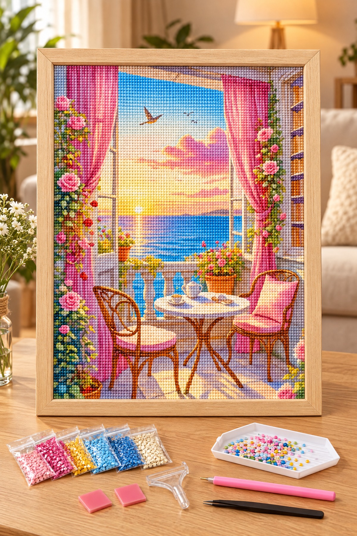 Elmas Boyama Puzzle Kit, Pembe Perdeli Balkondan Gün Batımı 40x50 cm Mozaik