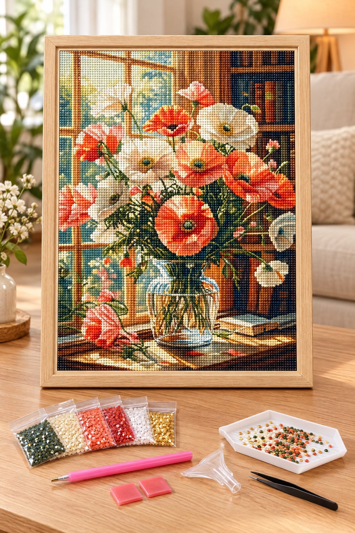 Elmas Boyama Puzzle Kit, Pencere Önünde Gelincikler 40x50 cm Mozaik