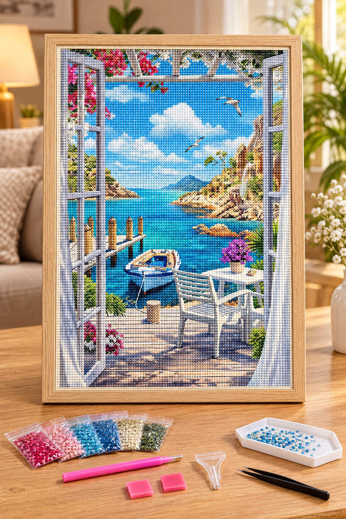 Elmas Boyama Puzzle Kit, Pencereden Deniz Manzarası 40x50 cm Mozaik