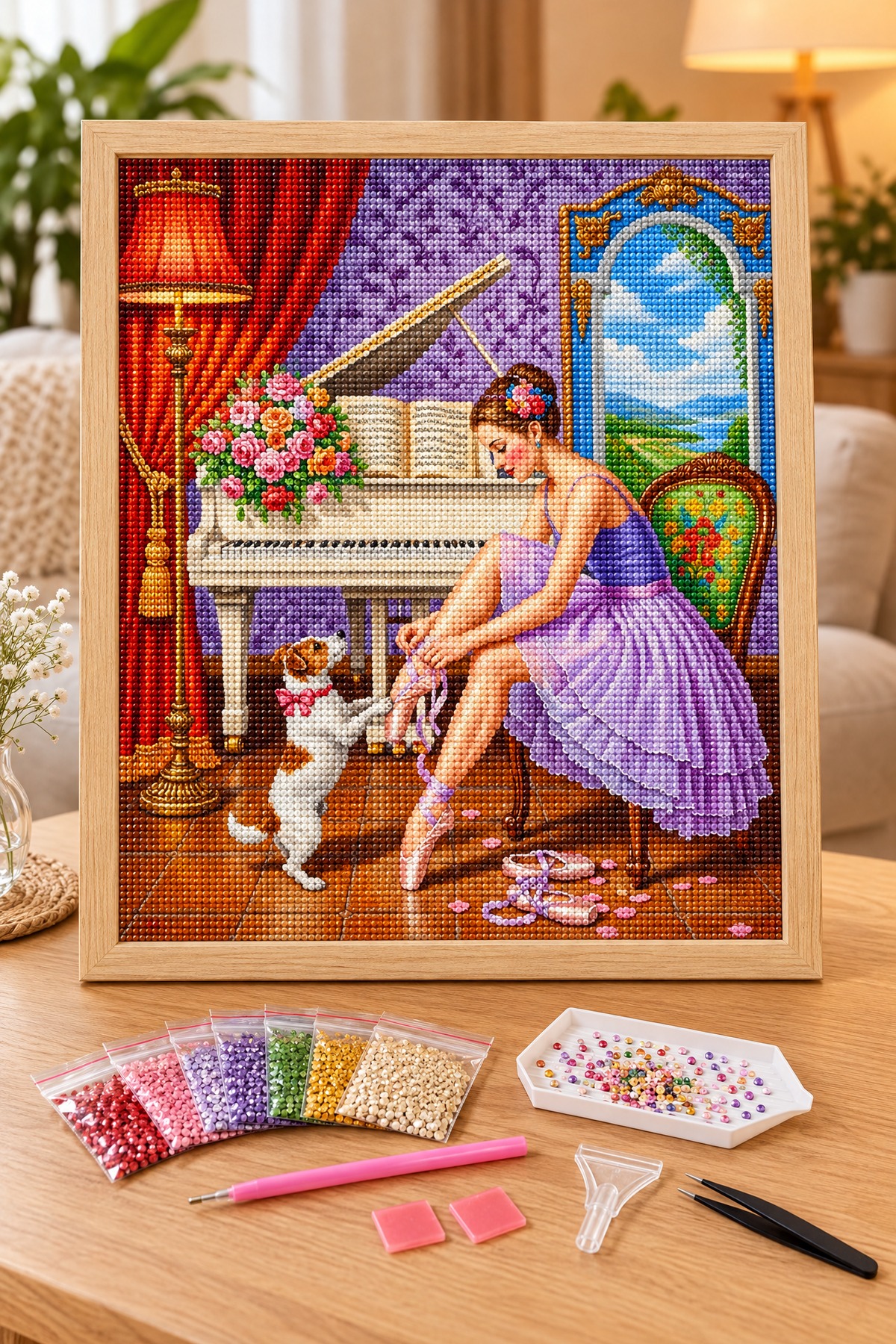 Elmas Boyama Puzzle Kit, Piyano Odasında Balerin 30x30 cm Mozaik