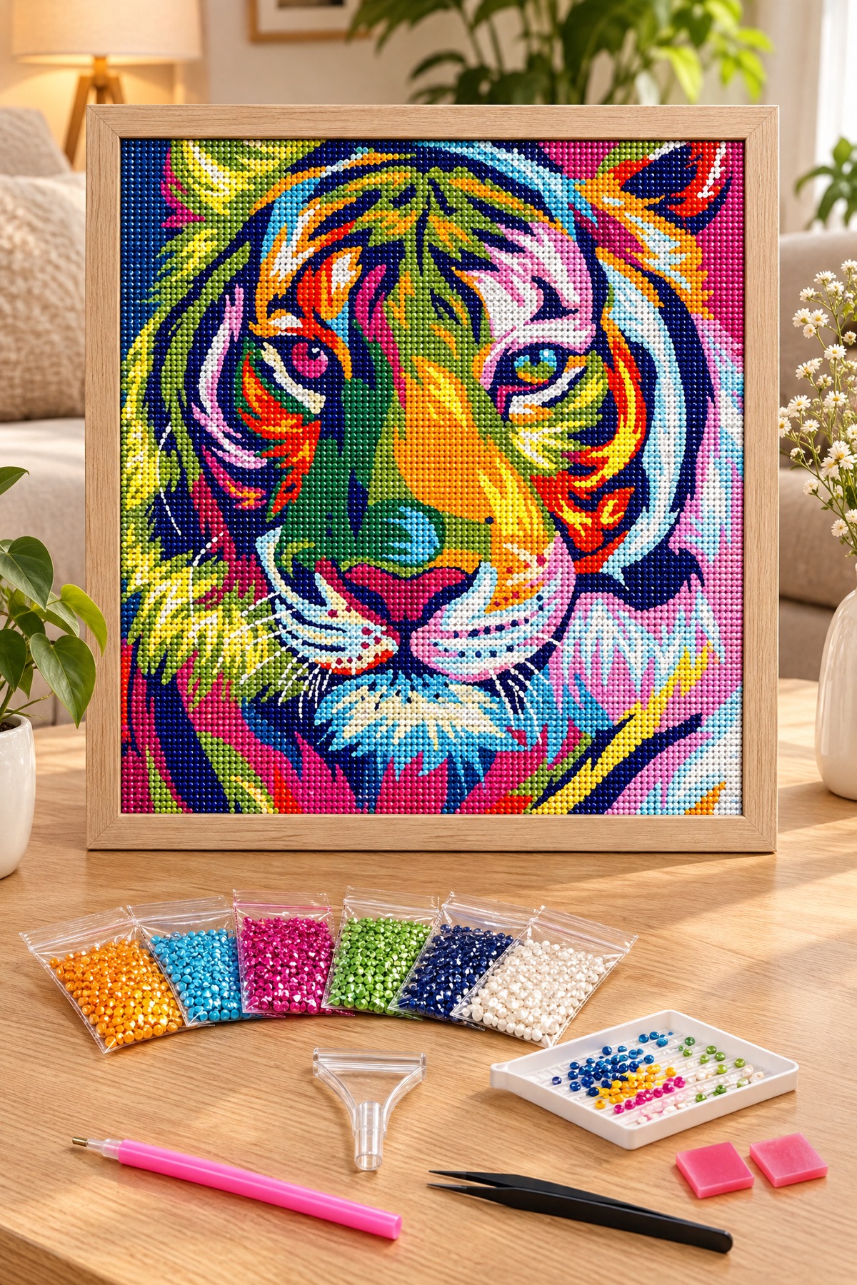 Elmas Boyama Puzzle Kit, Pop Art Renkli Kaplan 21x25 cm Mozaik
