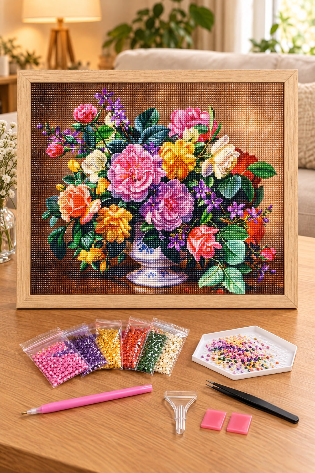 Elmas Boyama Puzzle Kit, Porselen Kasede Rengarenk Güller 50x65 cm Mozaik