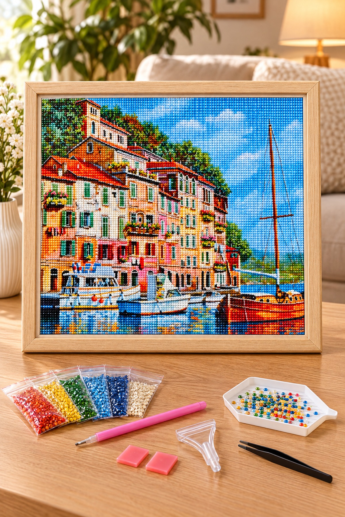 Elmas Boyama Puzzle Kit, Renkli Evler ve Liman 50x65 cm Mozaik