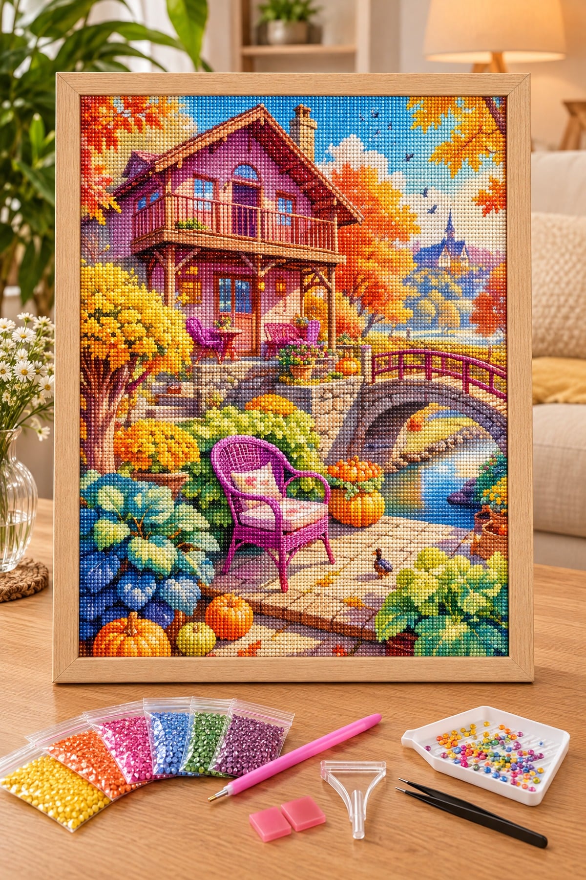 Elmas Boyama Puzzle Kit, Sonbaharda Pembe Ev ve Köprü 50x65 cm Mozaik