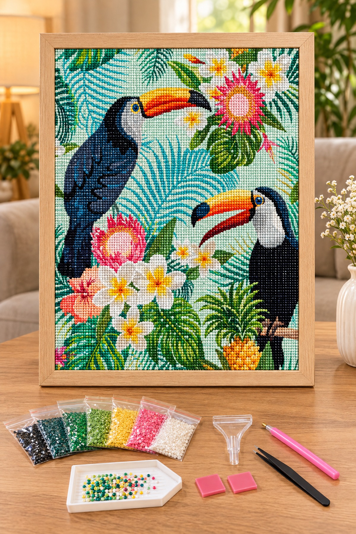 Elmas Boyama Puzzle Kit, Tropik Çiçekler ve Tukan Kuşları 21x25 cm Mozaik