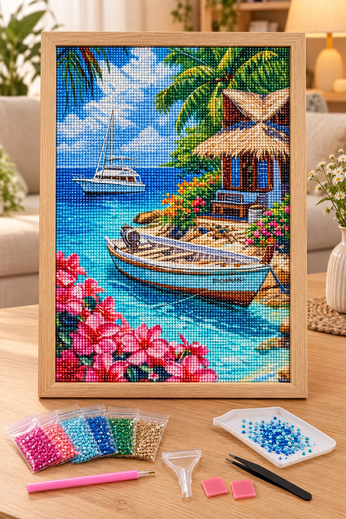 Elmas Boyama Puzzle Kit, Tropik Koyda Sandal 30x40 cm Mozaik