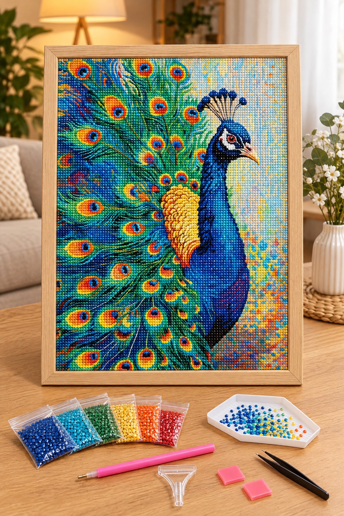 Elmas Boyama Puzzle Kit, Tüyleri Açık Tavus Kuşu 30x40 cm Mozaik