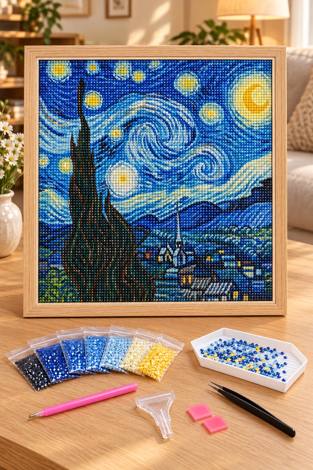 Elmas Boyama Puzzle Kit, Van Gogh Yıldızlı Gece 30x40 cm Mozaik