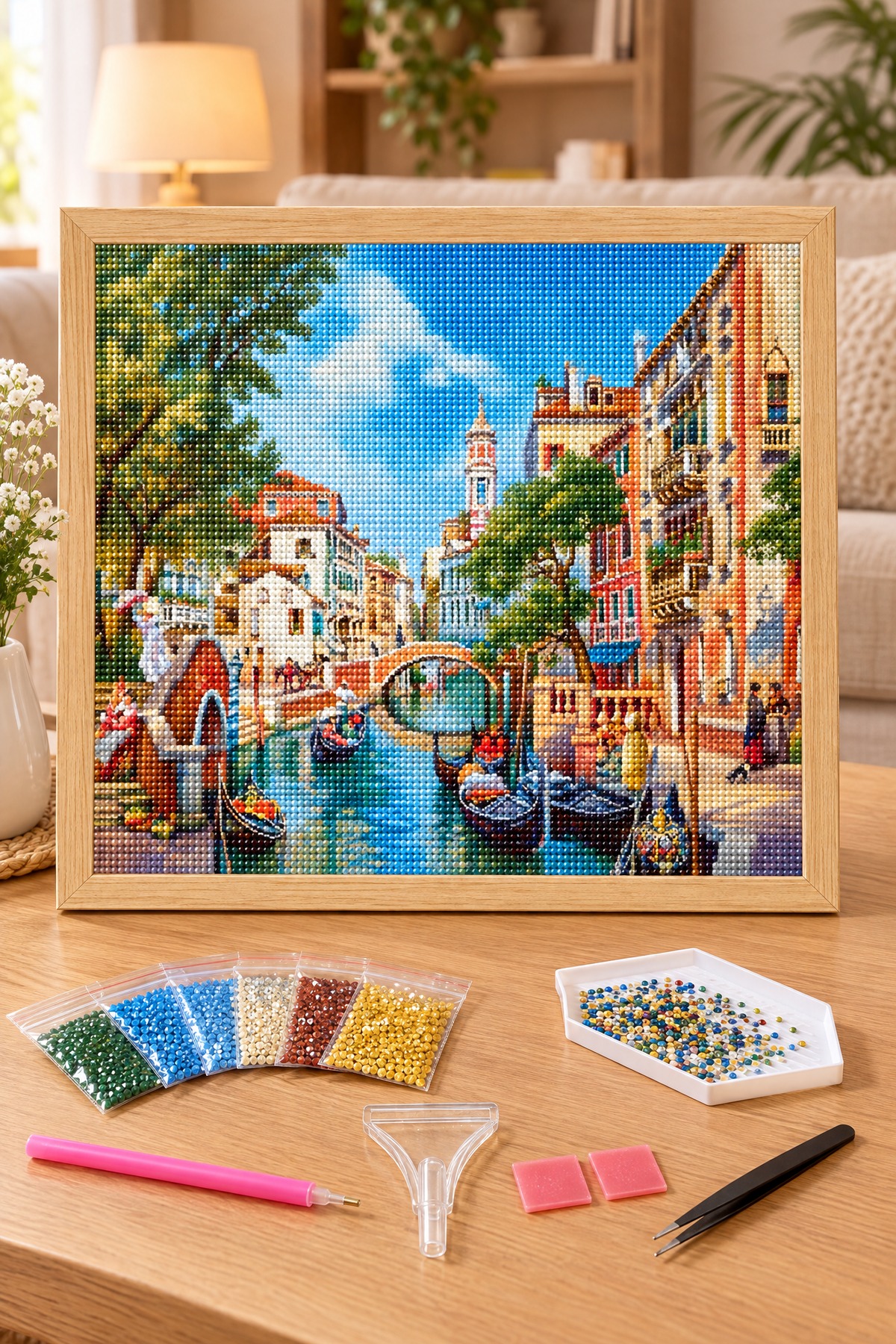 Elmas Boyama Puzzle Kit, Venedik Kanalı ve Gondollar 40x50 cm Mozaik