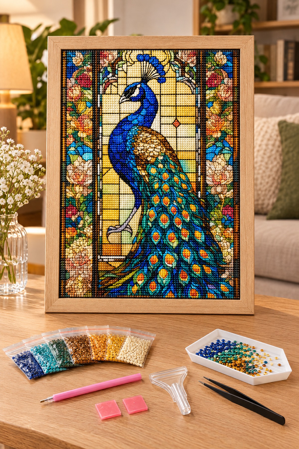 Elmas Boyama Puzzle Kit, Vitray Tavus Kuşu 50x65 cm Mozaik
