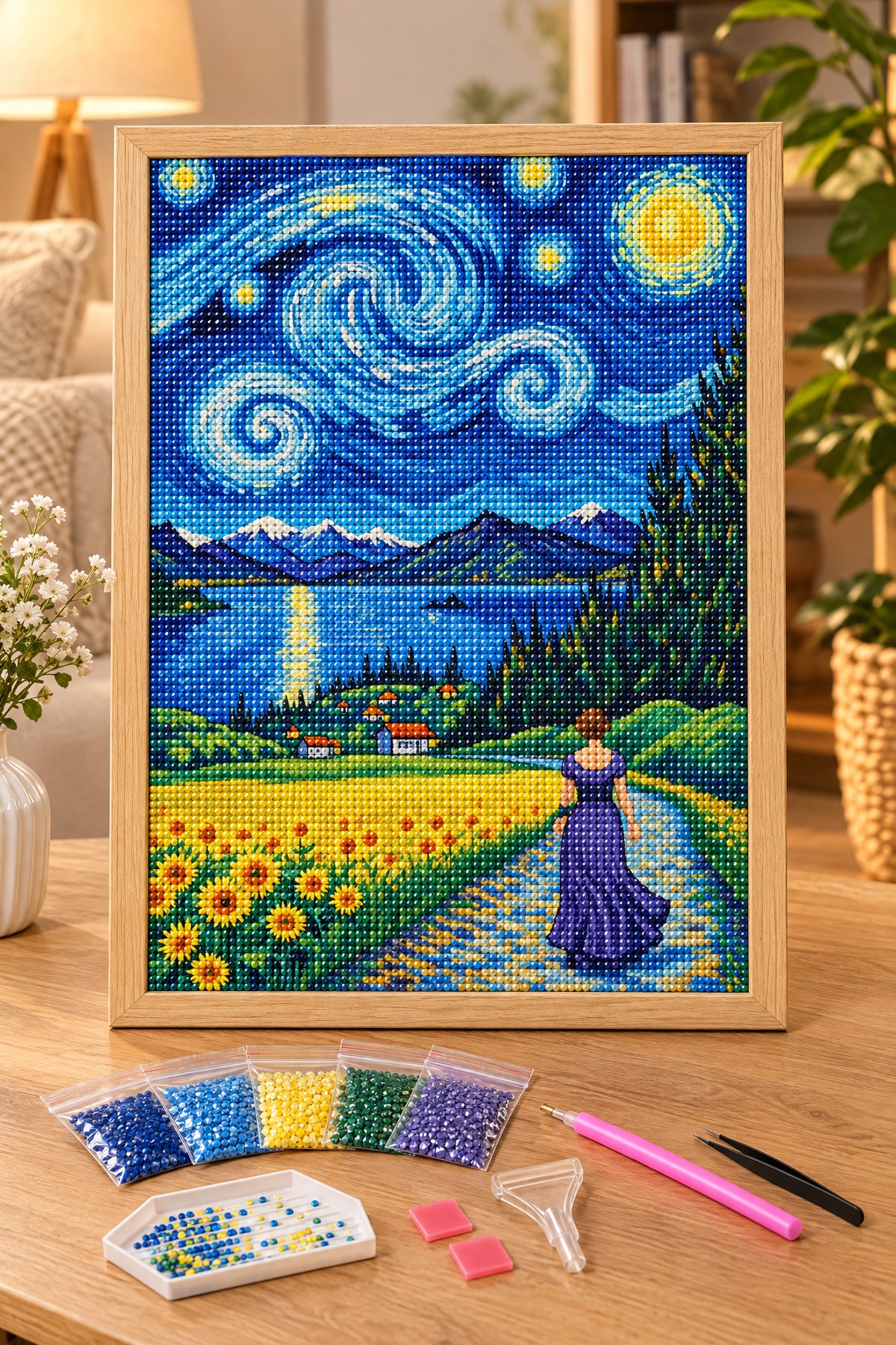 Elmas Boyama Puzzle Kit, Yıldızlı Gecede Ayçiçeği Tarlası 30x40 cm Mozaik