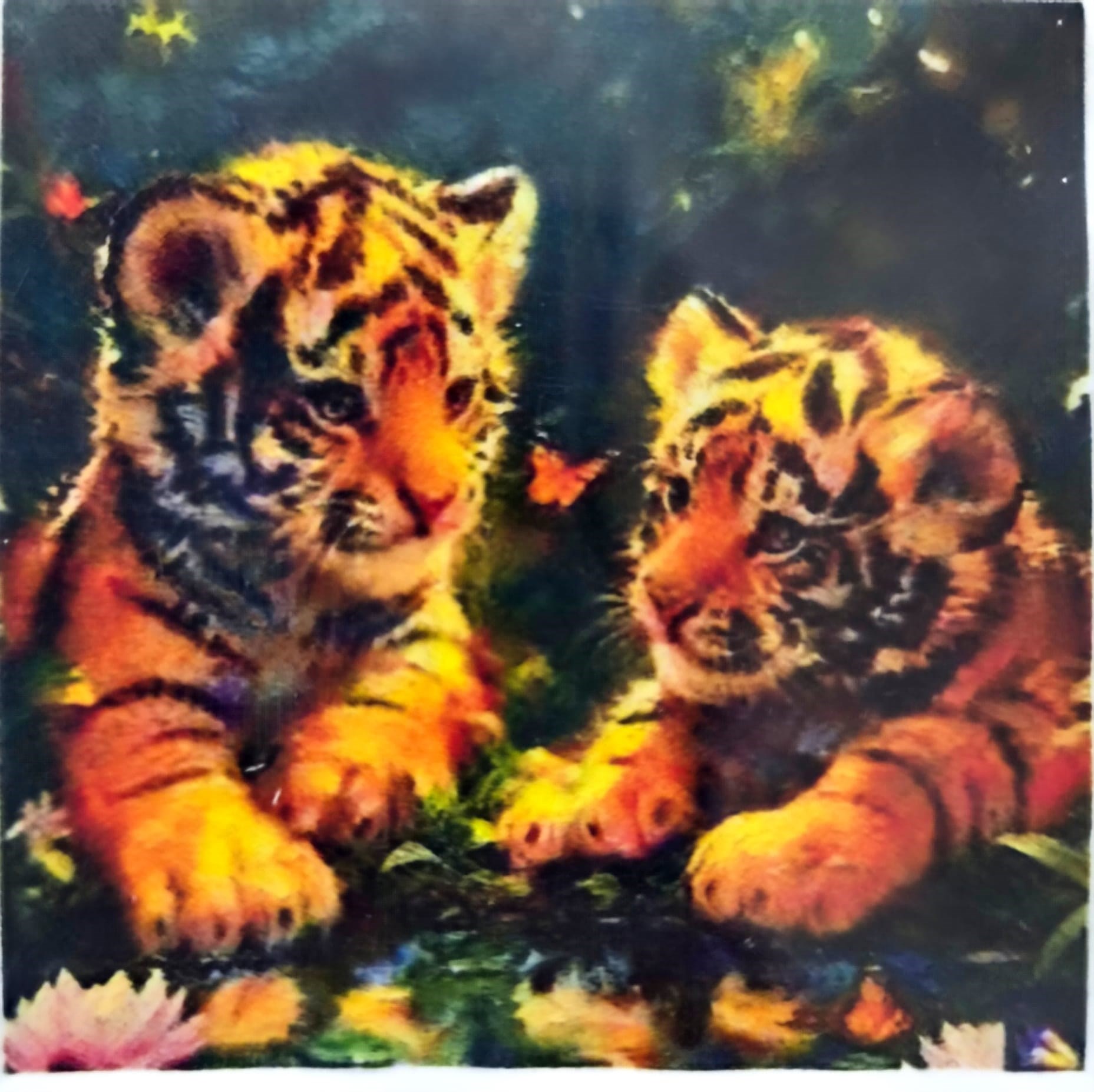 Elmas Mozaik Tablo, 30x30cm İki Yavru Kaplan Boncuk Yapıştırma Kiti  