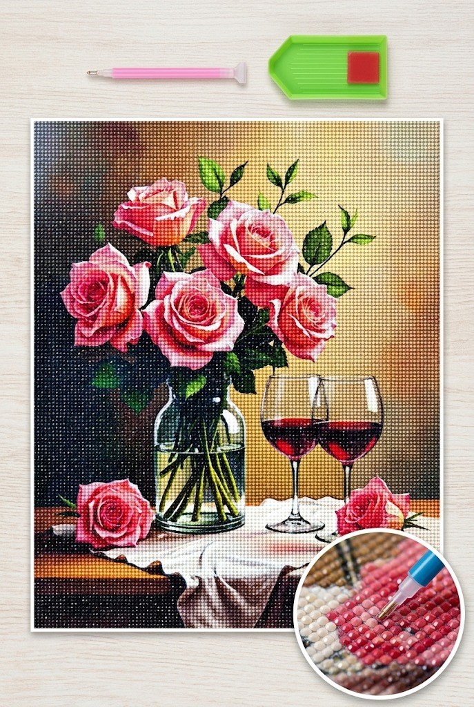 Elmas Mozaik Tablo, 50x40cm Masada Pembe Güller Boncuk Yapıştırma Kiti 