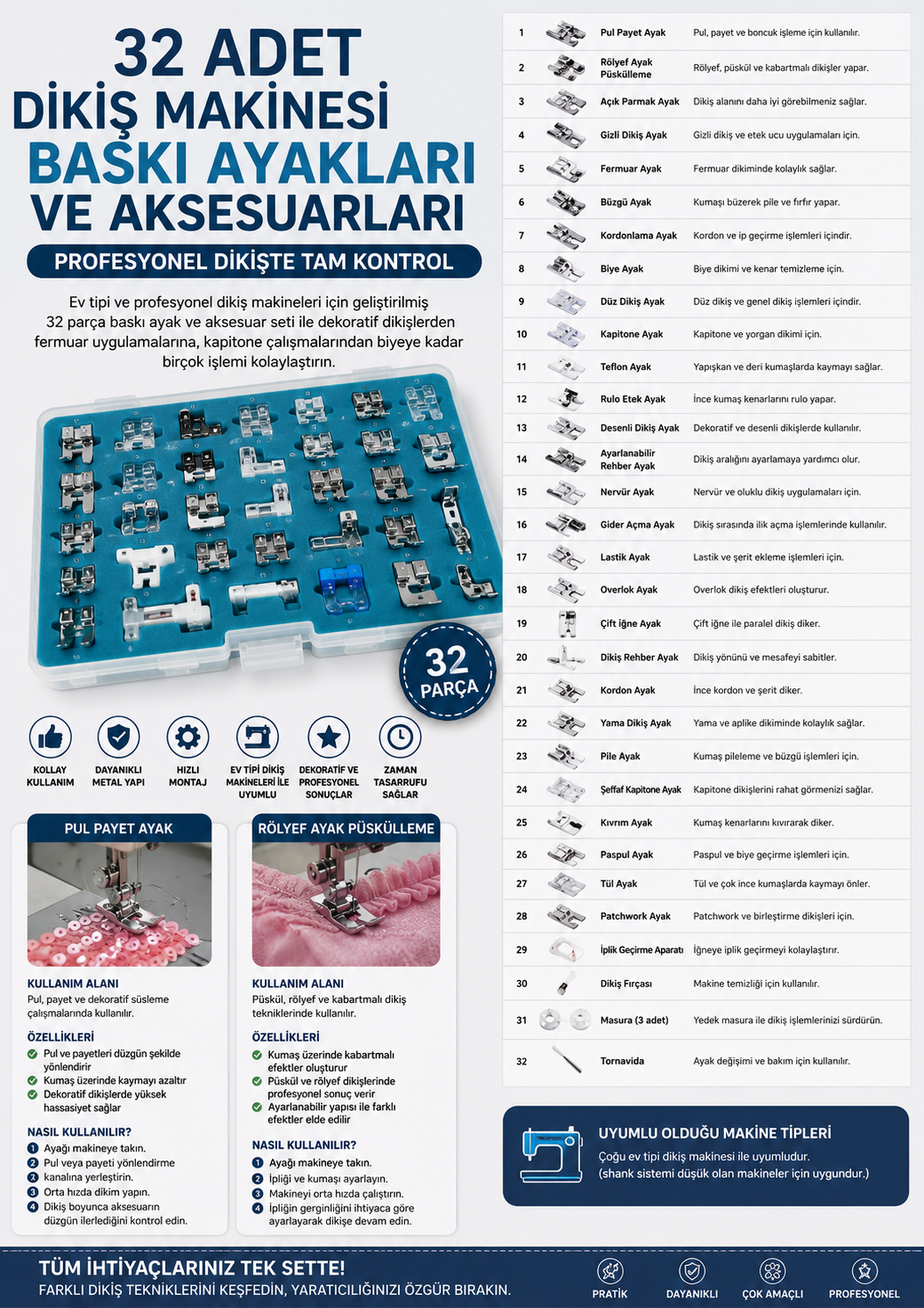 Ev Tipi Dikiş Makinesi Ayak Seti, Geliştirilmiş Yeni 32'li Set