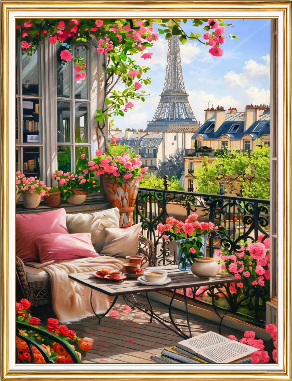 Eyfel Manzaralı Çiçekli Balkon Elmas Mozaik Puzzle Kit 50x65 cm