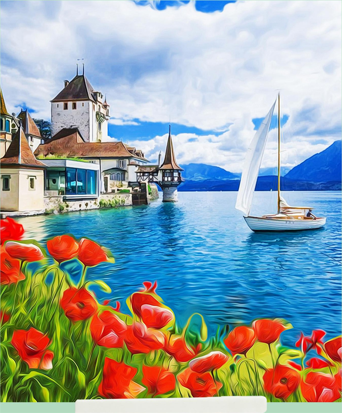 Göl Kenarında Gelincikler ve Yelkenli Elmas Mozaik Puzzle Kit 21x25 cm