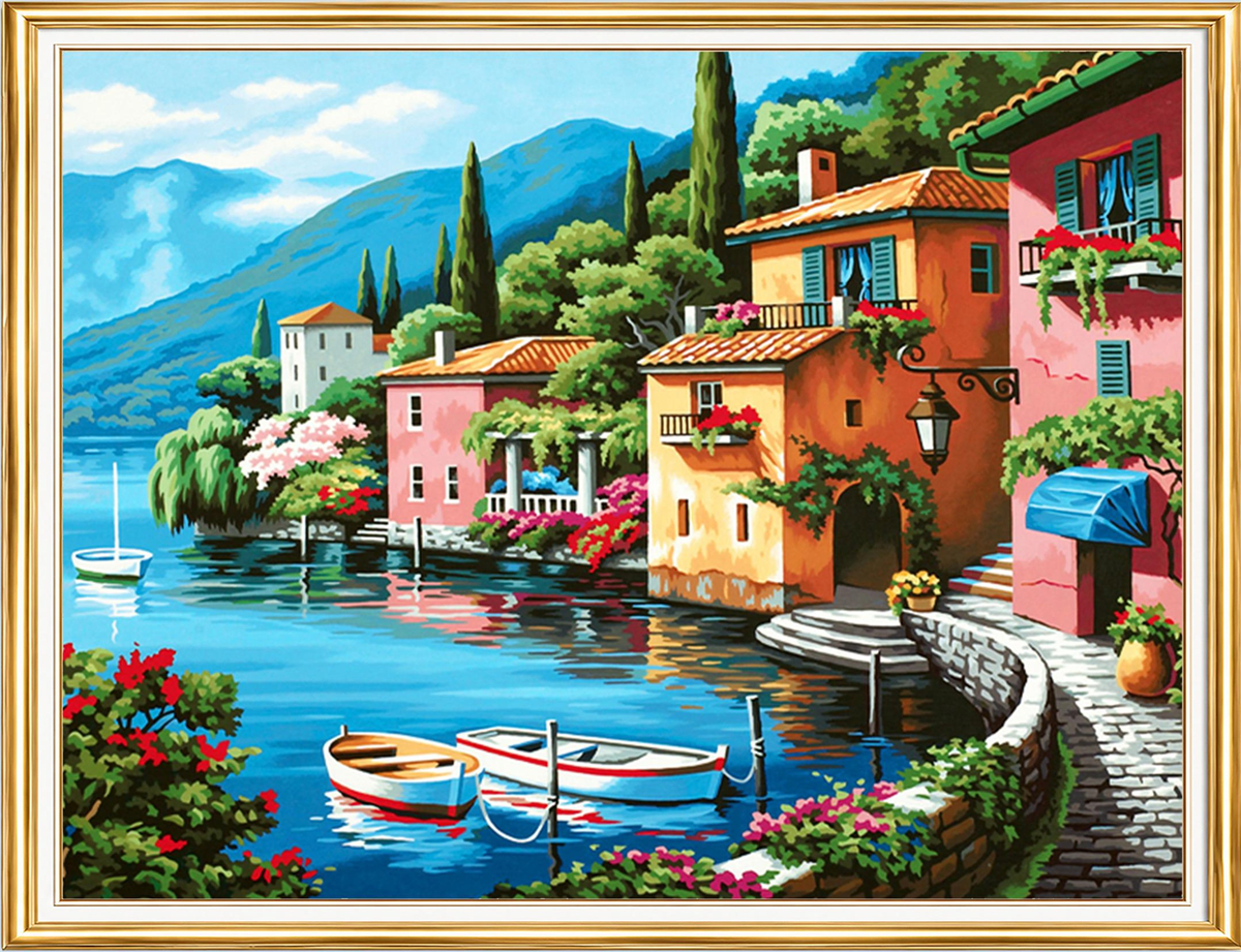 Göl Kıyısında İtalyan Kasabası Elmas Mozaik Puzzle Kit 50x65 cm