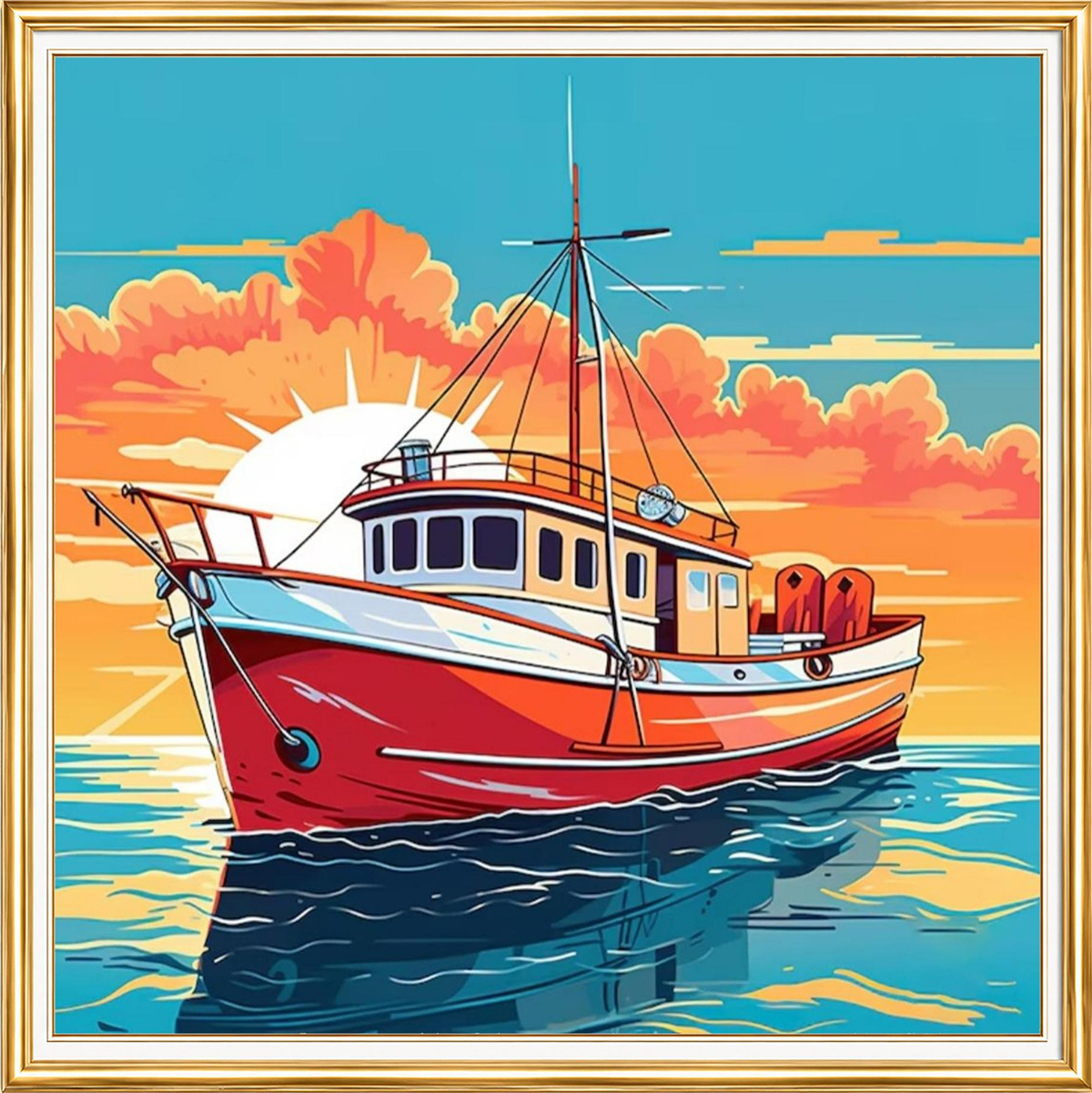 Gün Batımında Kırmızı Balıkçı Teknesi Elmas Mozaik Puzzle Kit 30x30 cm