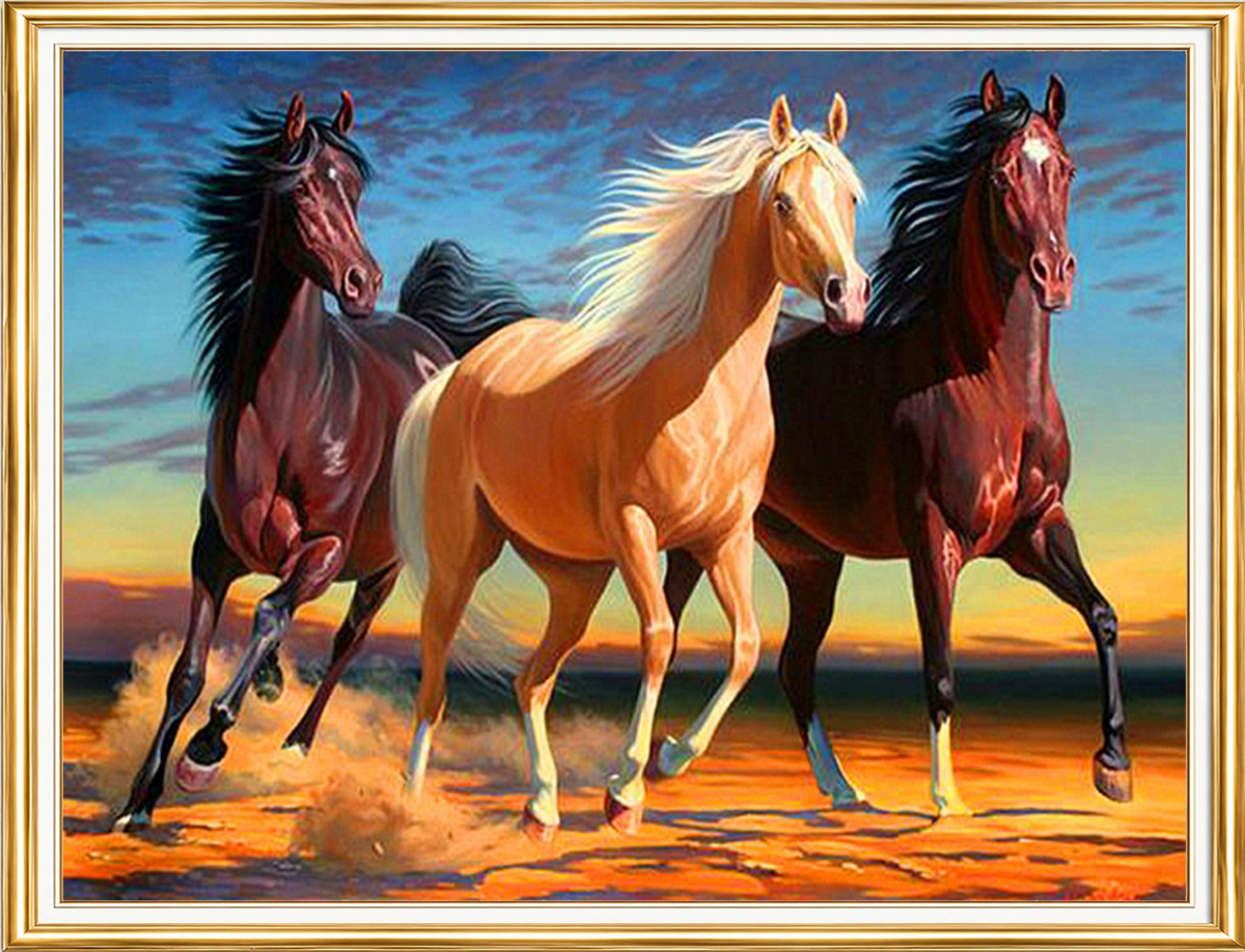 Gün Batımında Koşan Üç At Elmas Mozaik Puzzle Kit 50x65 cm