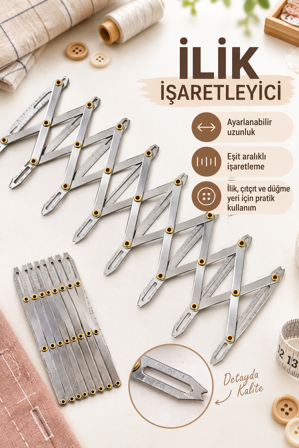 İlik İşaretleyici, Ayarlanabilir Çıtçıt, Düğme Klavuzu, Metal Akordeon Dikiş Cetveli