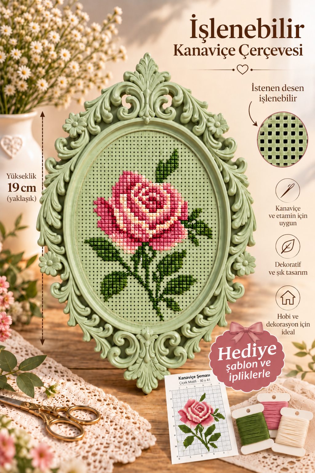 İşlenebilir Kanaviçe Çerçevesi Çağla Yeşili, Dekoratif Nakış Kasnağı 12x8cm