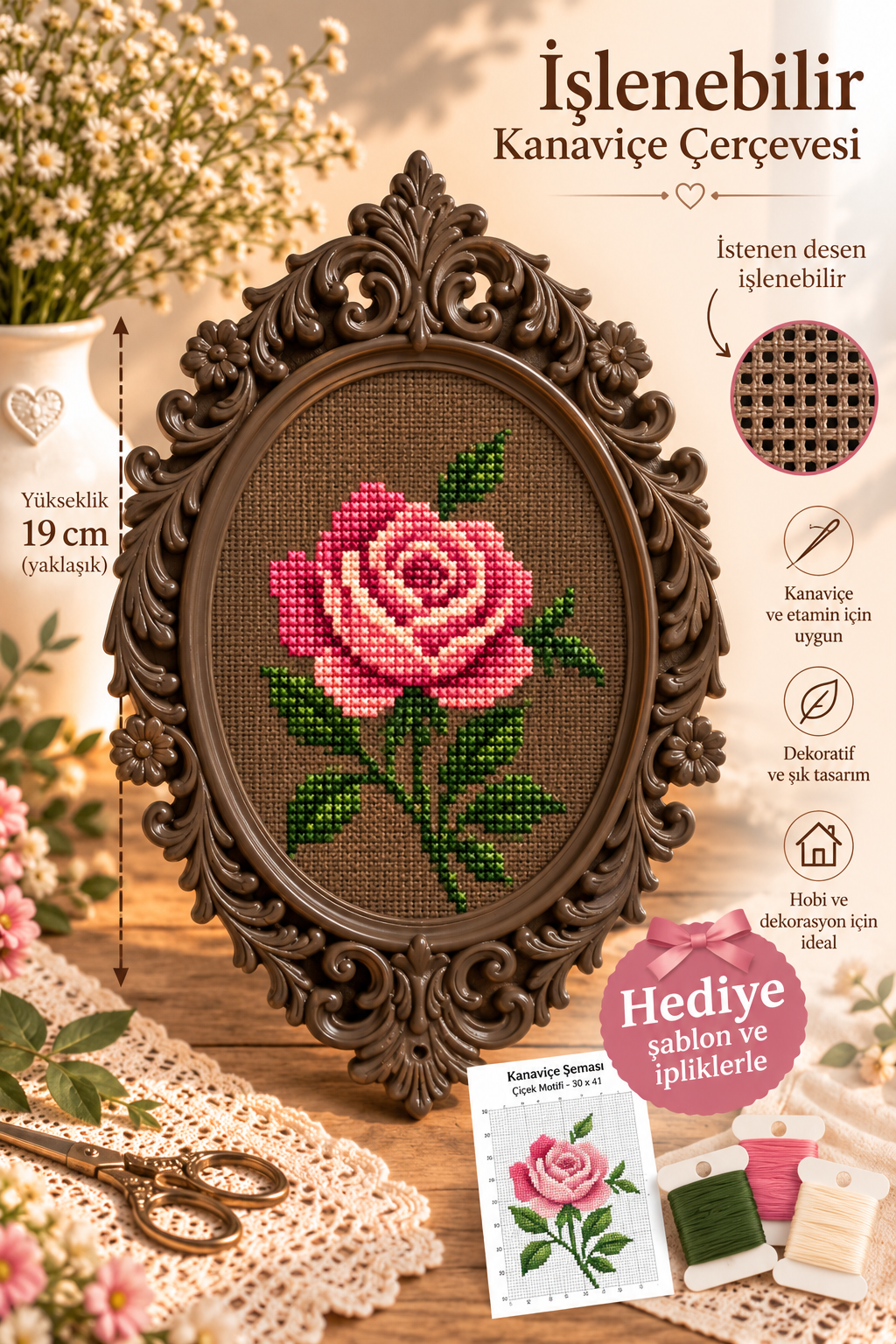 İşlenebilir Kanaviçe Çerçevesi Çağla Yeşili, Dekoratif Nakış Kasnağı 12x8cm