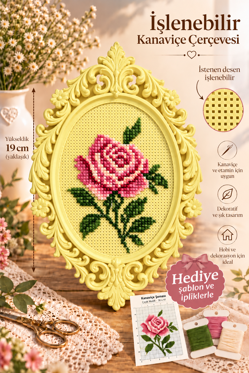 İşlenebilir Kanaviçe Çerçevesi Limon Sarısı, Dekoratif Nakış Kasnağı 12x8cm
