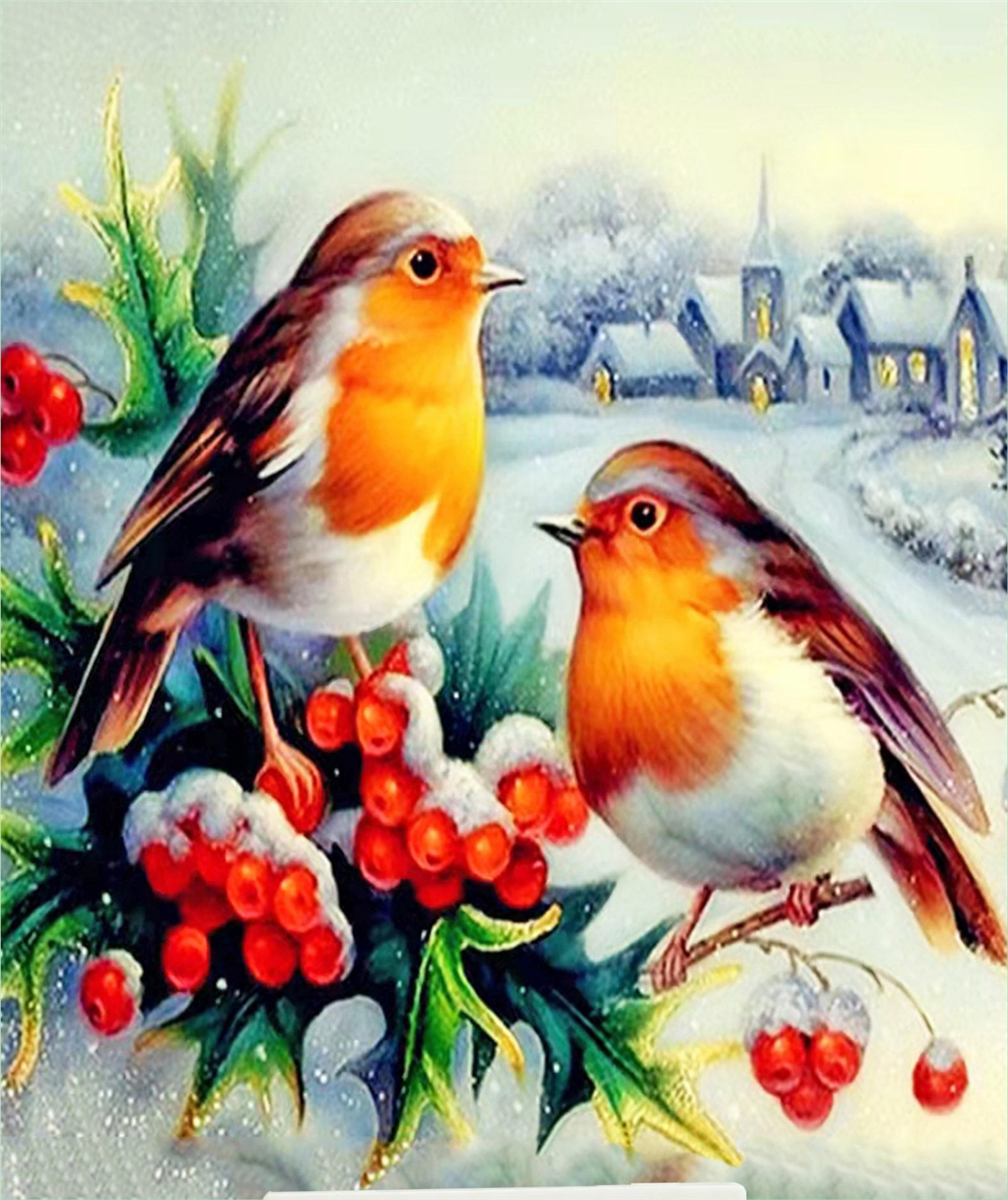 Karlı Kış Köyünde Kızılgerdan Kuşları Elmas Mozaik Puzzle Kit 21x25 cm