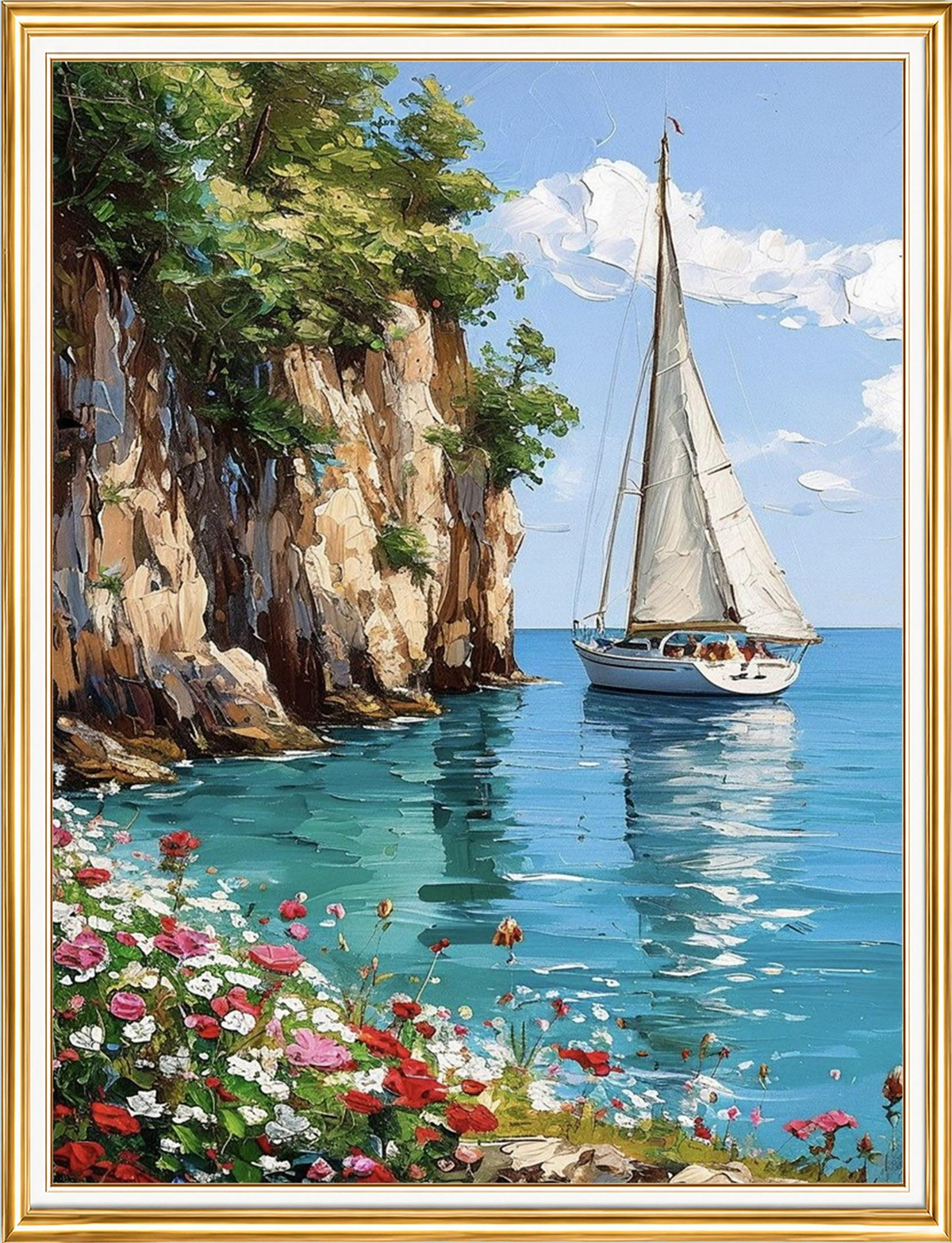 Kayalık Koyda Beyaz Yelkenli Elmas Mozaik Puzzle Kit 50x65 cm