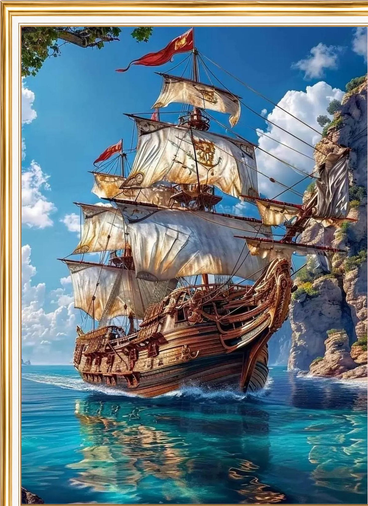 Kayalıklar Arasında Yelkenli Gemi Elmas Mozaik Puzzle Kit 30x40 cm