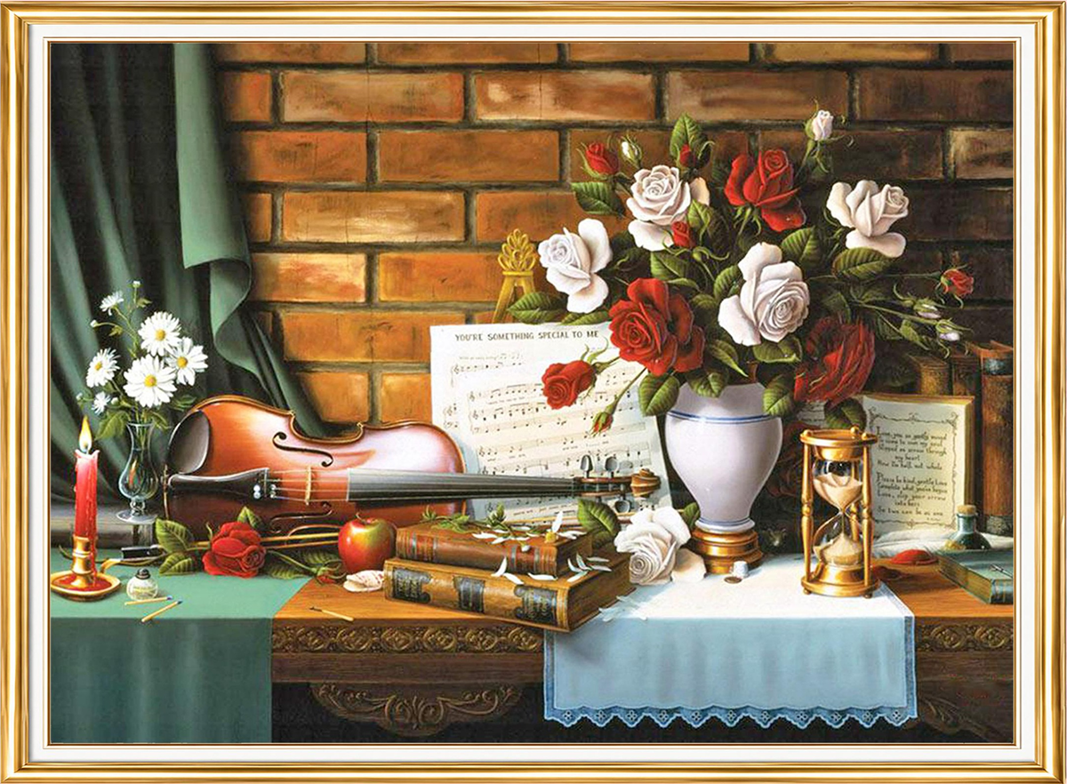 Keman ve Güllerle Klasik Natürmort Elmas Mozaik Puzzle Kit 30x40 cm