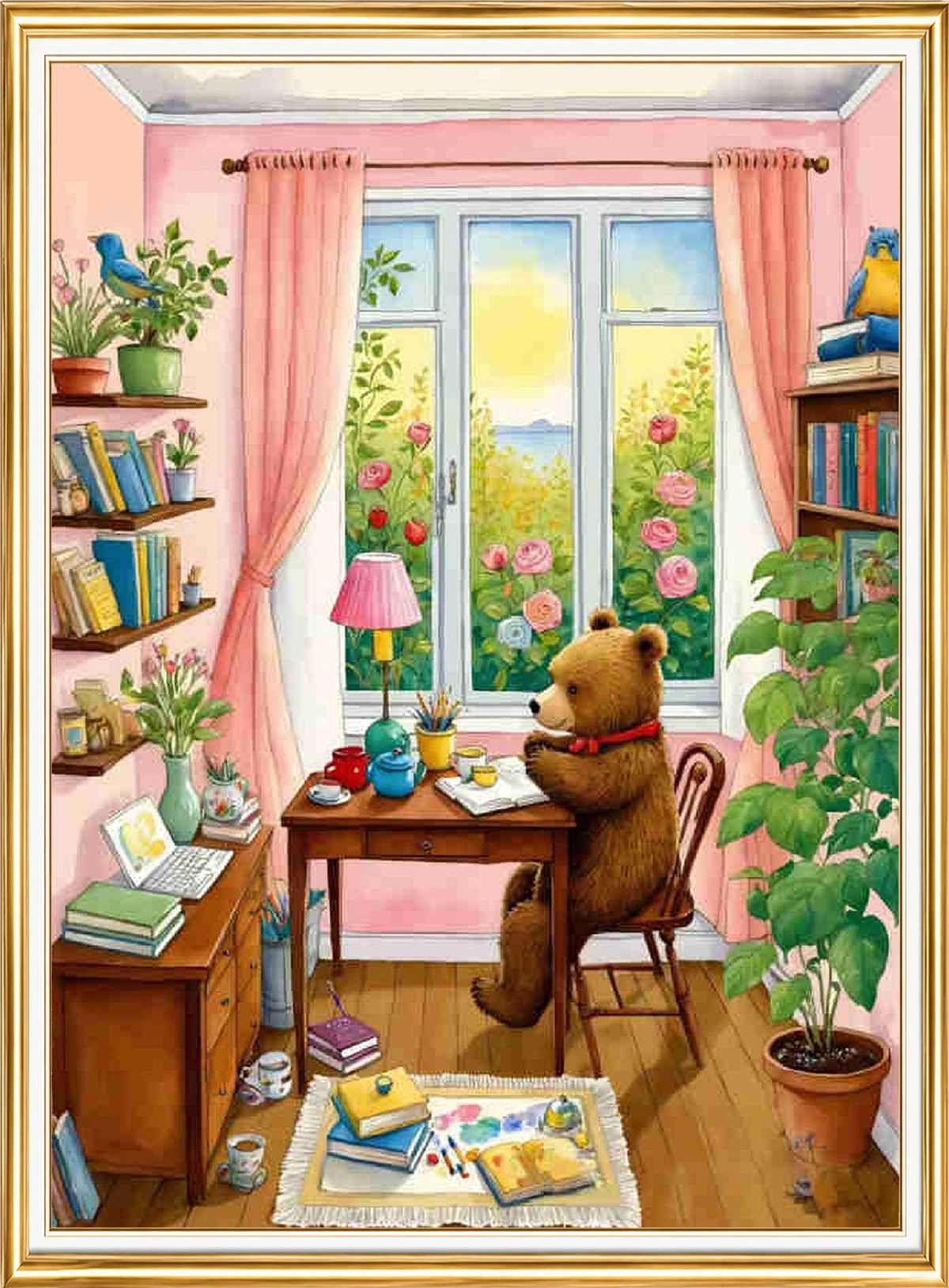 Kitap Okuyan Ayıcık Çalışma Odası Elmas Mozaik Puzzle Kit 30x40 cm