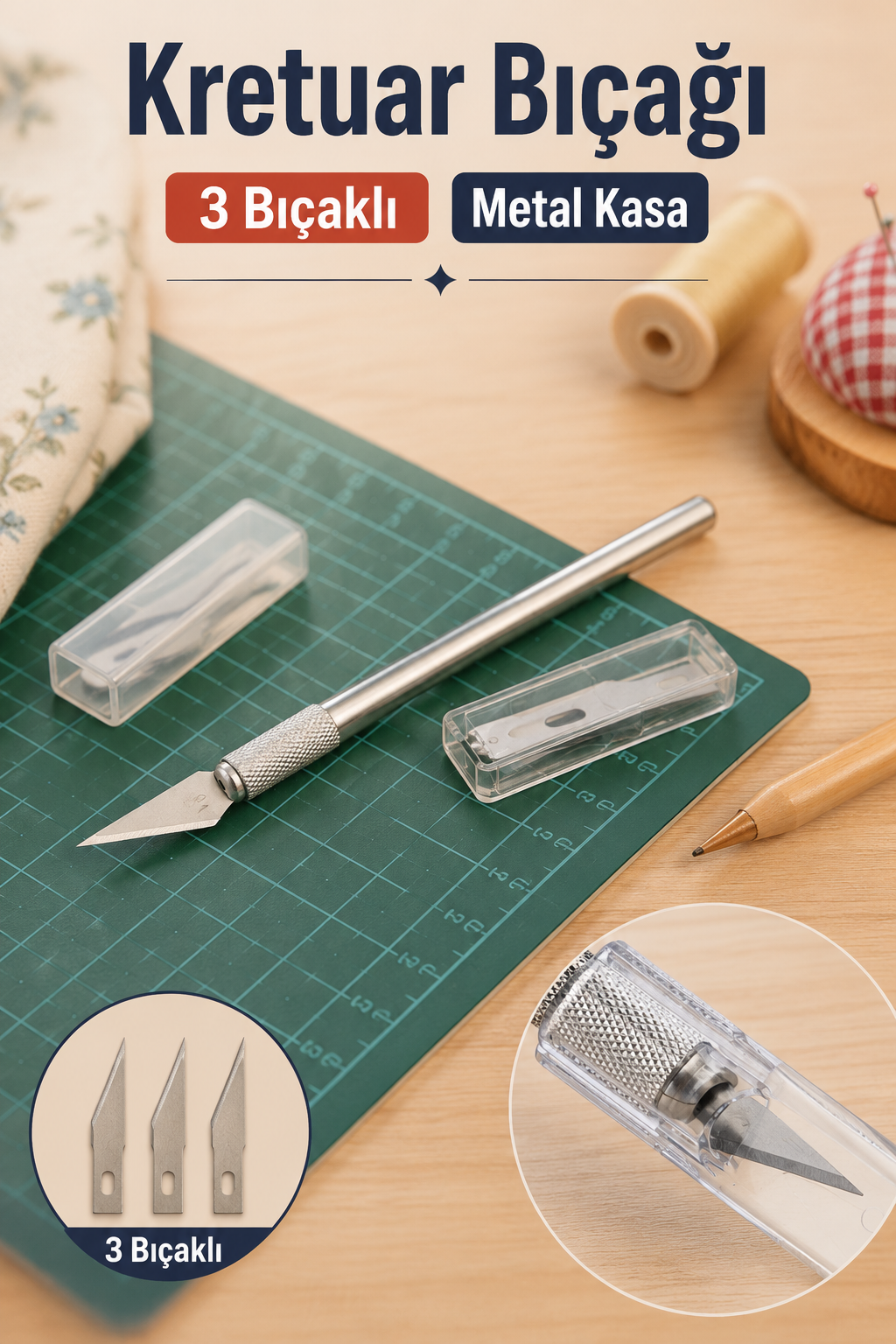 Kretuar Bıçağı, Kapaklı Metal Kasa, 2 Yedek Bıçak