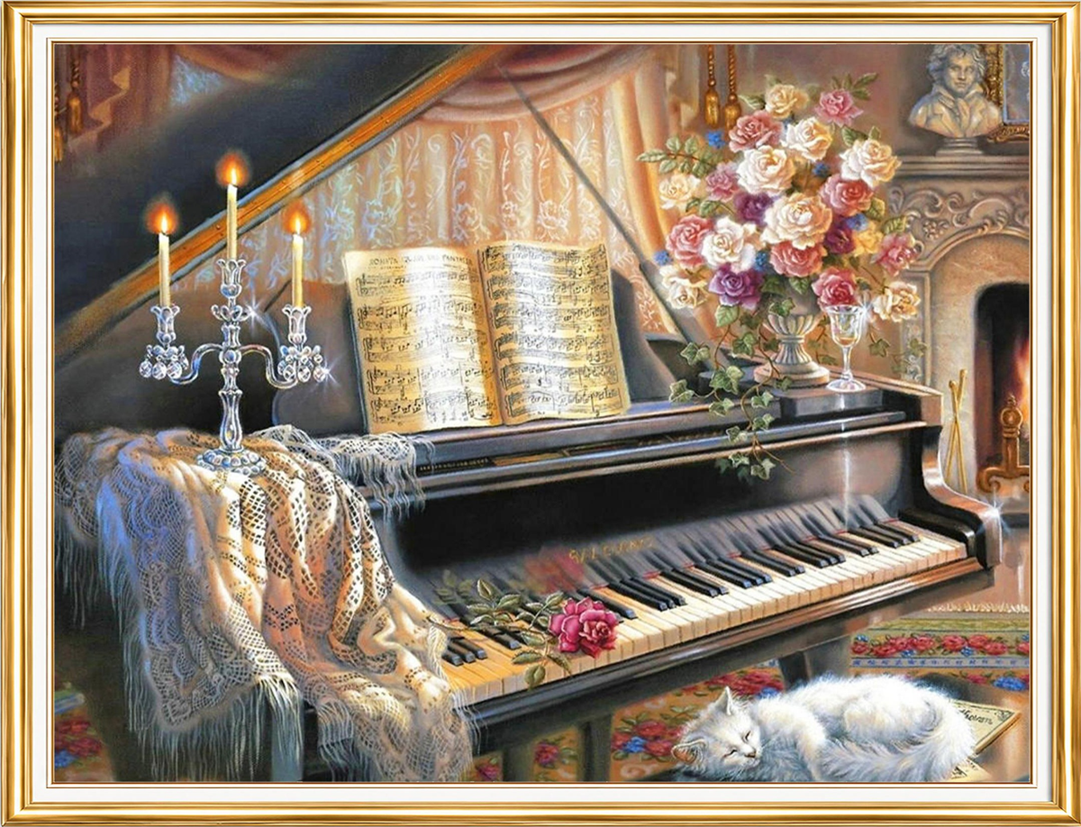 Kuyruklu Piyano ve Uyuyan Beyaz Kedi Elmas Mozaik Puzzle Kit 50x65 cm