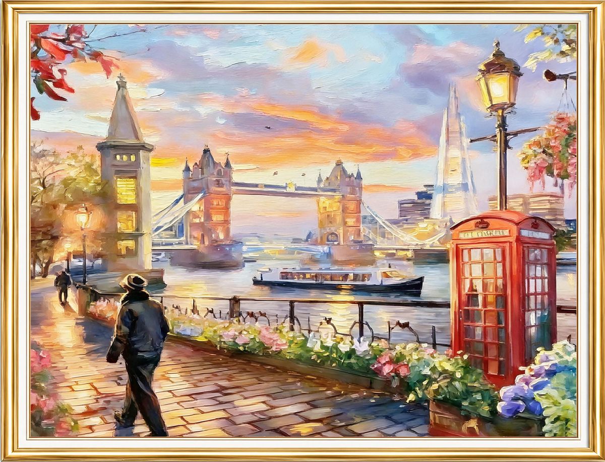 Londra Tower Bridge ve Kırmızı Telefon Kulübesi Elmas Mozaik Puzzle Kit 50x65 cm