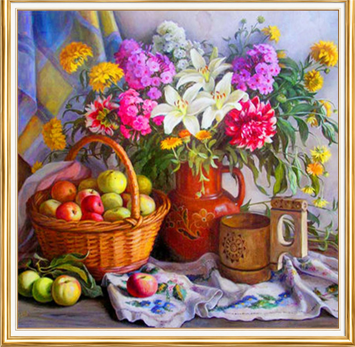Meyve Sepeti ve Çiçekler Natürmort Elmas Mozaik Puzzle Kit 30x30 cm