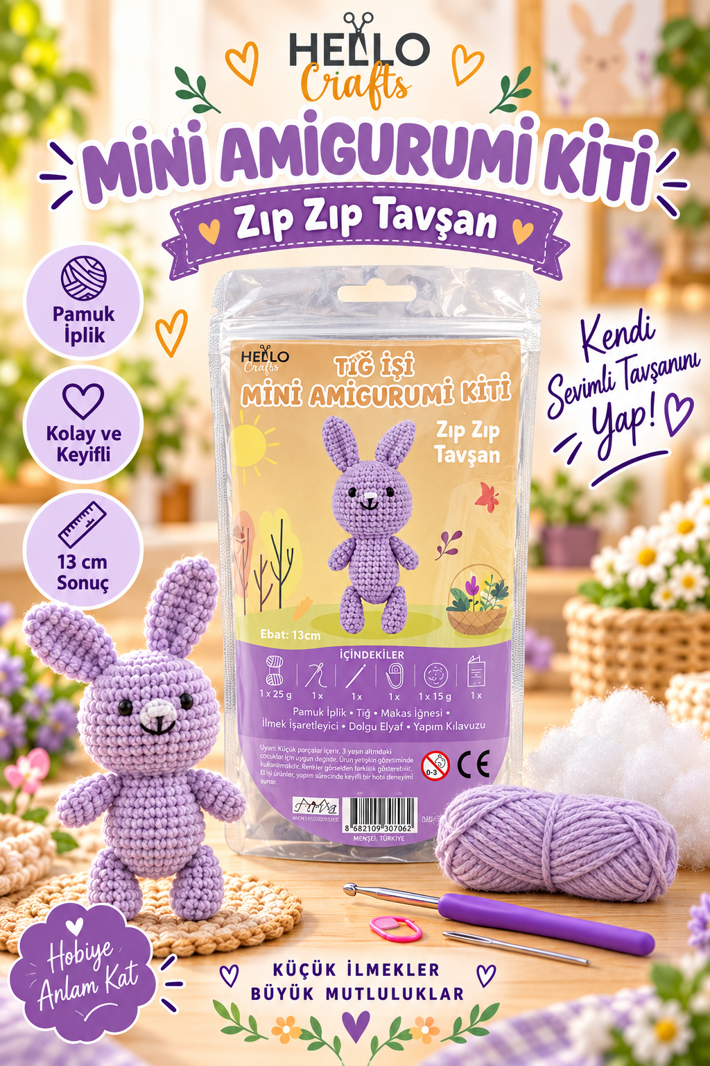 Mini Amigurumi Kiti Zıp Zıp Tavşan, Hello Crafts Pamuk İplikli Amigurumi Seti, 13 cm