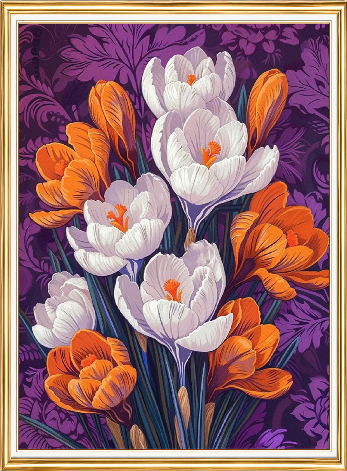 Mor Zeminde Beyaz ve Turuncu Çiğdemler Elmas Mozaik Puzzle Kit 30x40 cm