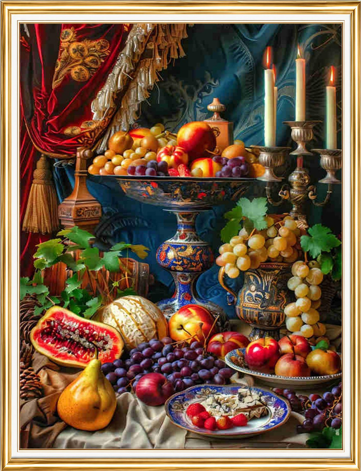 Mumlar ve Meyvelerle Klasik Natürmort Elmas Mozaik Puzzle Kit 50x65 cm