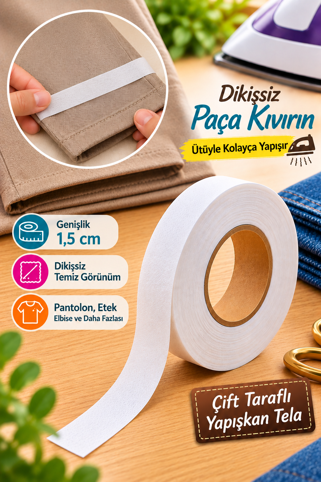 Paça Telası 1,5cm, Çift Taraflı Yapışkan Şerit Tela 100m Top