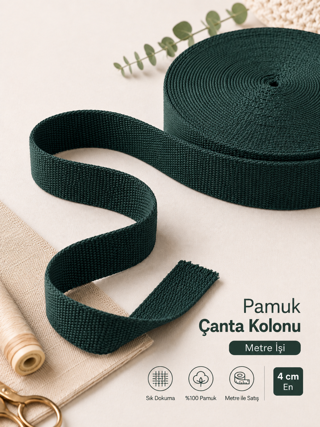 Pamuk Çanta Kolonu 4cm Çam Yeşili – Dayanıklı Çanta Sapı, Çanta Askı Kolonu 1 Metre