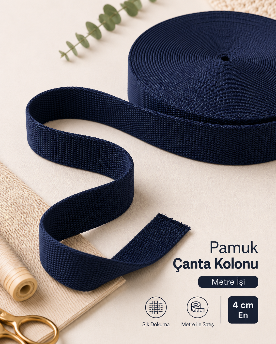 Pamuk Çanta Kolonu 4cm Lacivert – Dayanıklı Çanta Sapı, Çanta Askı Kolonu 1 Metre