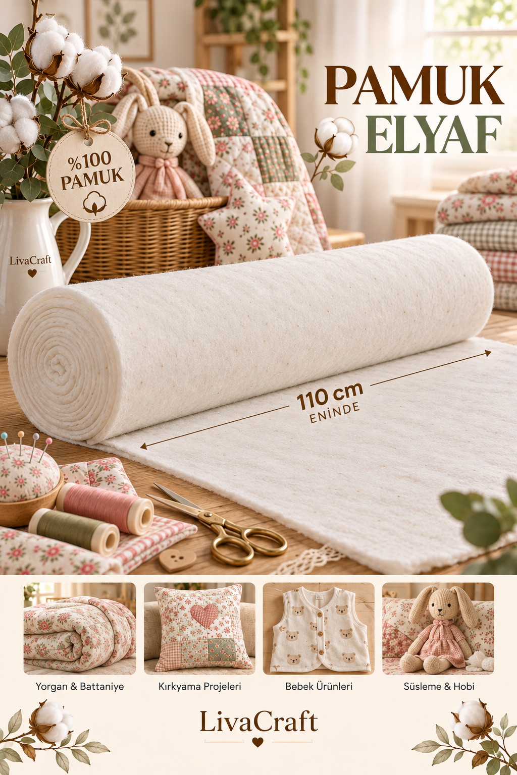 Pamuk Elyaf 110cm Eninde 180gr, Tahta Pamuk Vatka 1 Metre, Doğal Pamuk