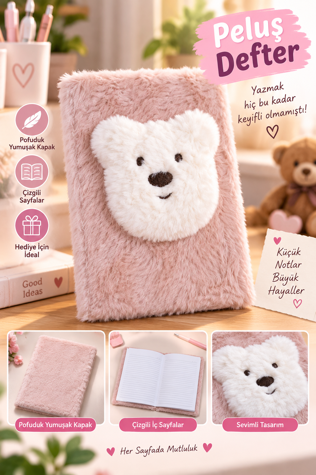 Peluş Defter Çizgili, Ayıcıklı Sevimli Defter