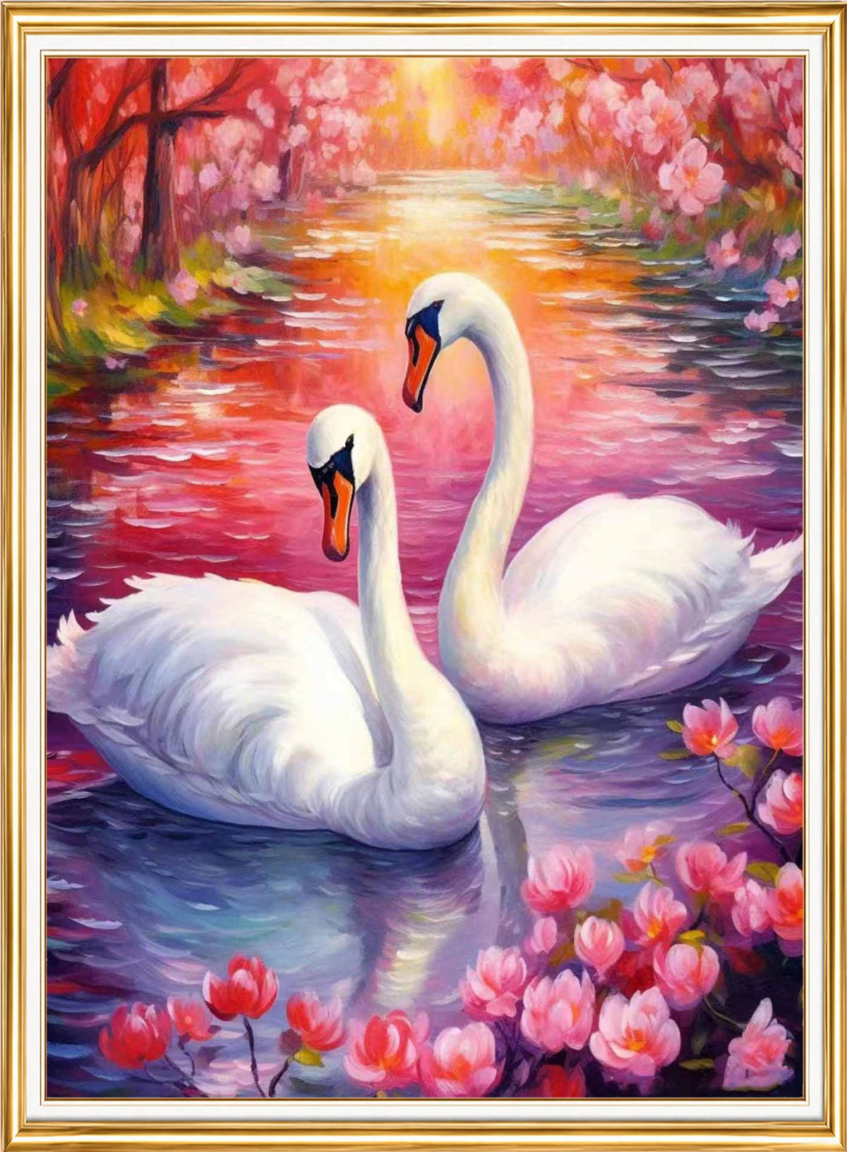 Pembe Göldeki Kuğular Elmas Mozaik Puzzle Kit 30x40 cm