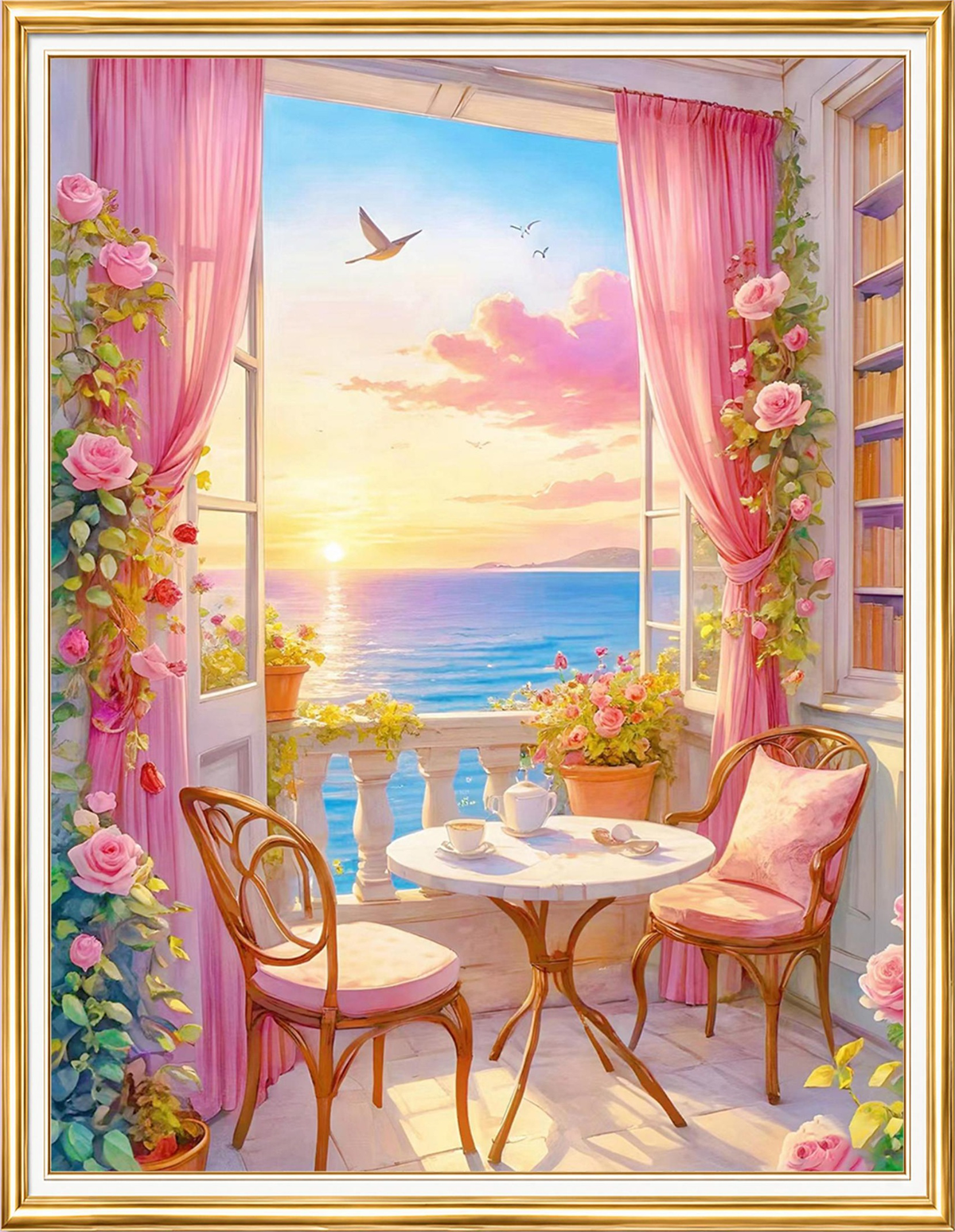 Pembe Perdeli Balkondan Gün Batımı Elmas Mozaik Puzzle Kit 40x50 cm